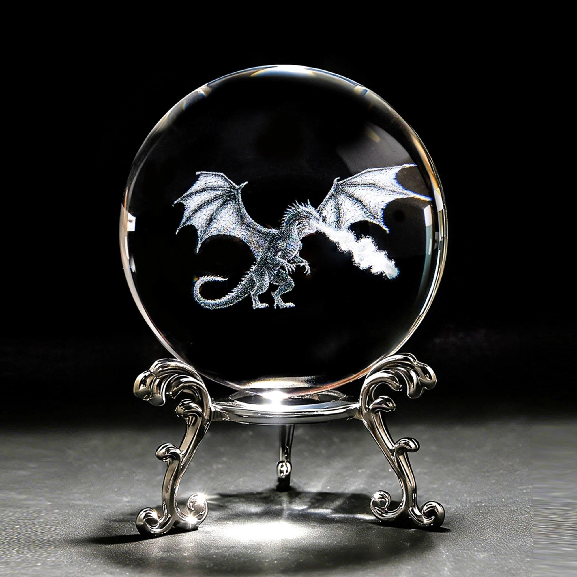 HDCRYSTALGIFTS 60mm 3D Dragon Crystal Ball Figurine Gifts for Women Men Glass Laser Engraved Dragon Charizard Crystal Ball with Stand Paperweights Glass Sphere Ball Ornaments Decor Gifts for Lovers