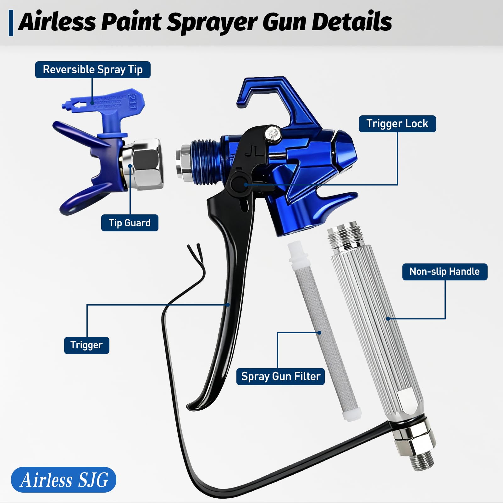 Kit de pistolet pulvérisateur de peinture sans air 18 pièces 3600 psi, avec tuyau haute pression de 7,6 m, tige d'extension, embouts de pulvérisation, filtres, protection de pointe, étui de rangement