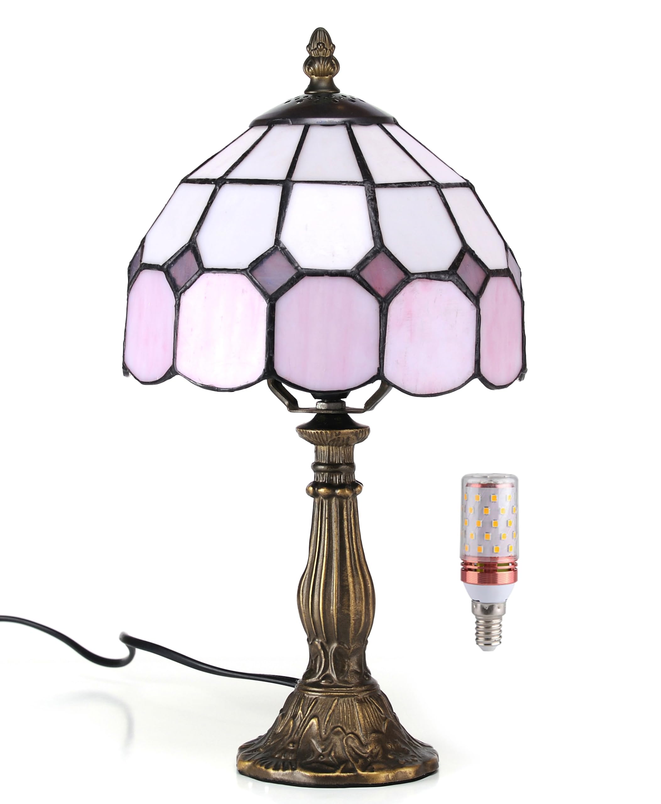 8" Tiffany Style Mediterranean Stained Glass Table Lamp Bedside Bedroom Lamp Night Light Children's Lamp 38 cm Hight - with Light Bulb(Color:Pink)