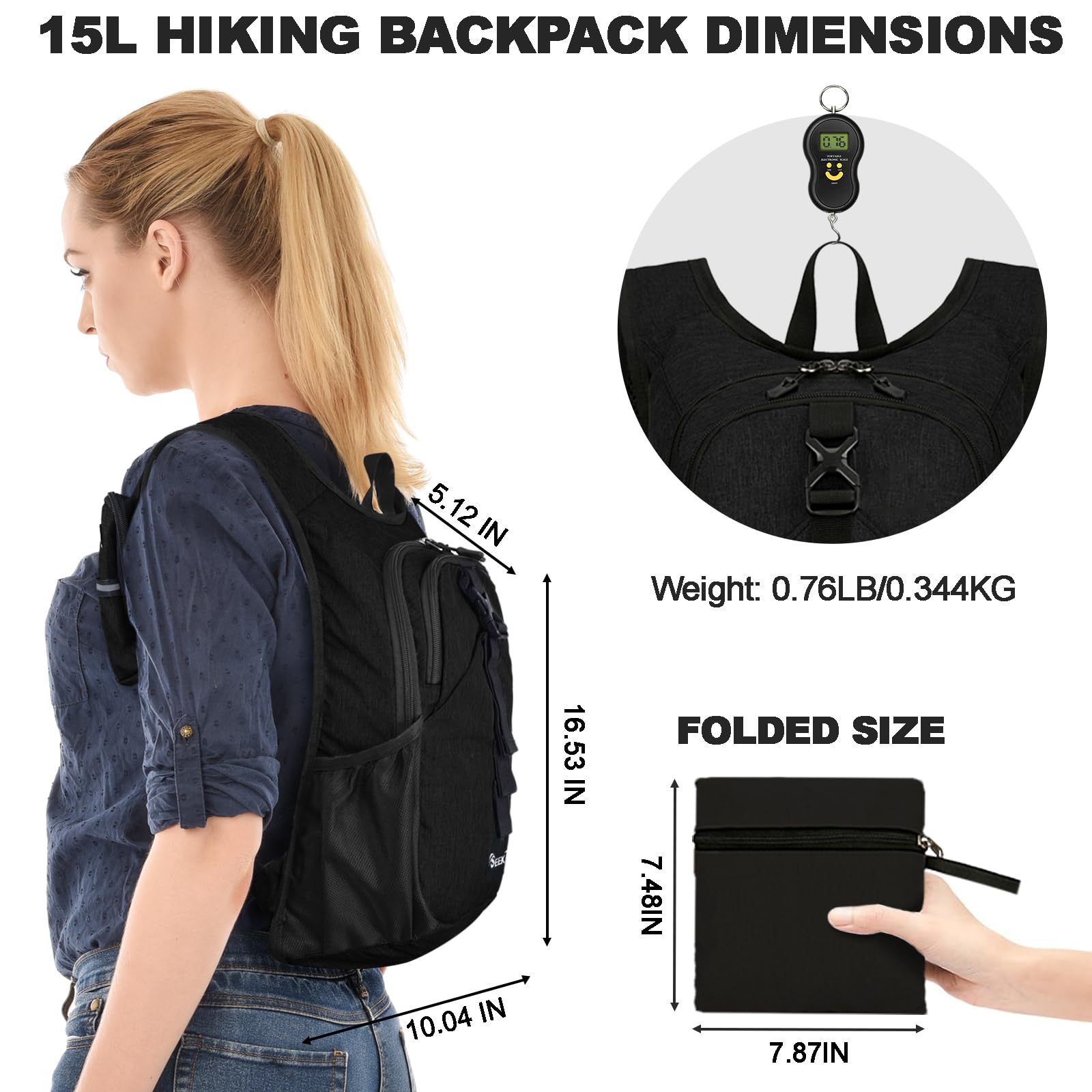 Mochila de senderismo pequeña de 15 litros para mujeres y hombres, mochila ligera para senderismo plegable con bolsillo para teléfono para viajes y campamento, Negro -, Senderismo, camping 4