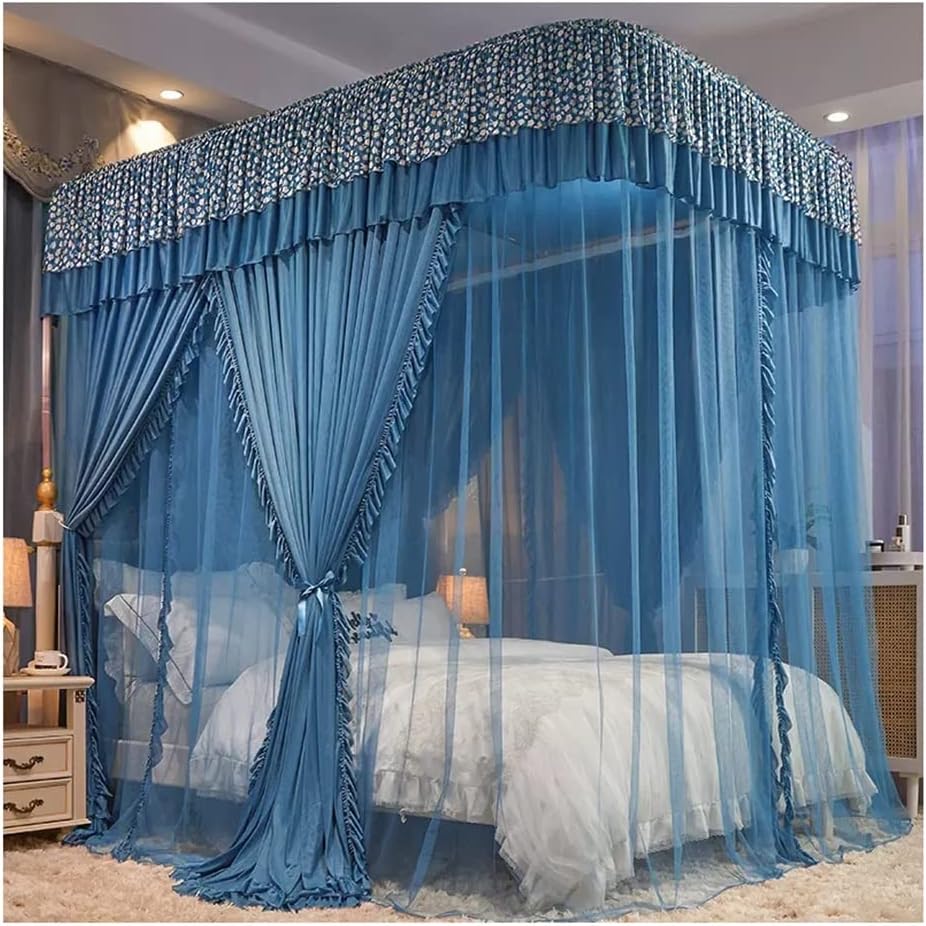 Double Deluxe Bed Canopy Mosquito net, Romantic Bed Curtain Suitable for Single and Double beds, with U-Shaped Support/Simple Installation (Color : Blue, Size : 200X220X210CM)
