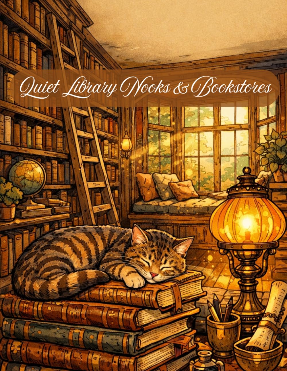 Quiet Library Nooks & Bookstores: An Intricate Adult Coloring Book featuring Wooden Shelves, Sleeping Cats, Vintage Lamps, and Cozy Reading Corners for Book Lovers