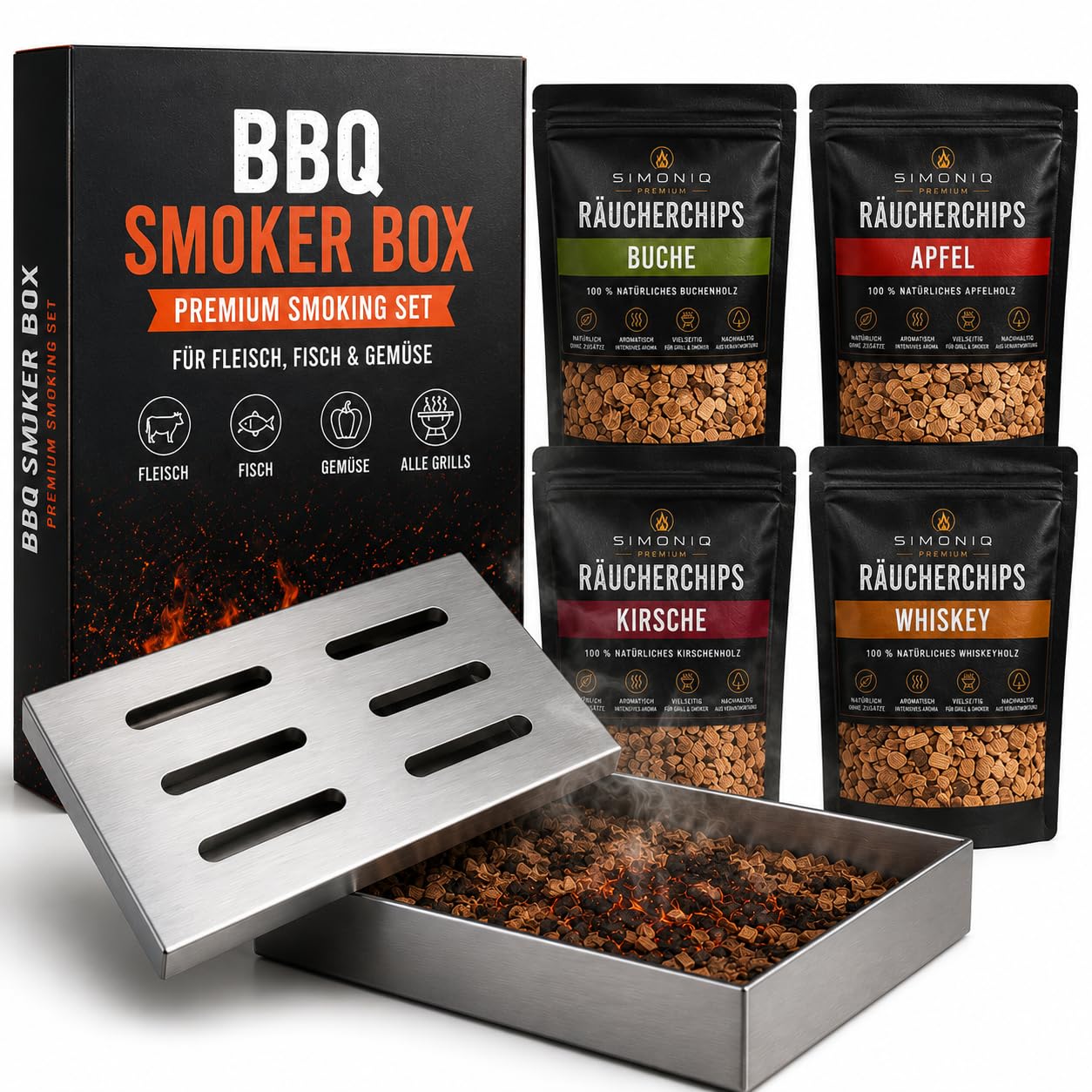 Premium Räucherbox Edelstahl mit Räucherchips Set – Smokerbox für Gasgrill, Holzkohlegrill & Smoker – 4 Holzsorten Buche Apfel Kirsche Whiskey – BBQ Geschenk für Männer (Premium Räucher Set)