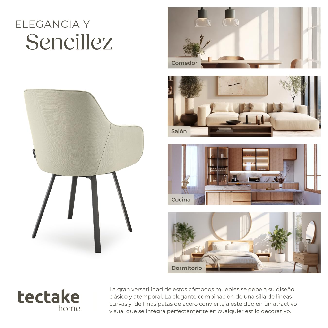 tectake® Silla Giratoria con Reposabrazos, Tapizada y con Acolchado de Alta Densidad, Patas de Acero 360°, Antideslizante, Montaje Rápido, Ideal para Comedor, Cocina y Dormitorio - 2 Sillas Beige