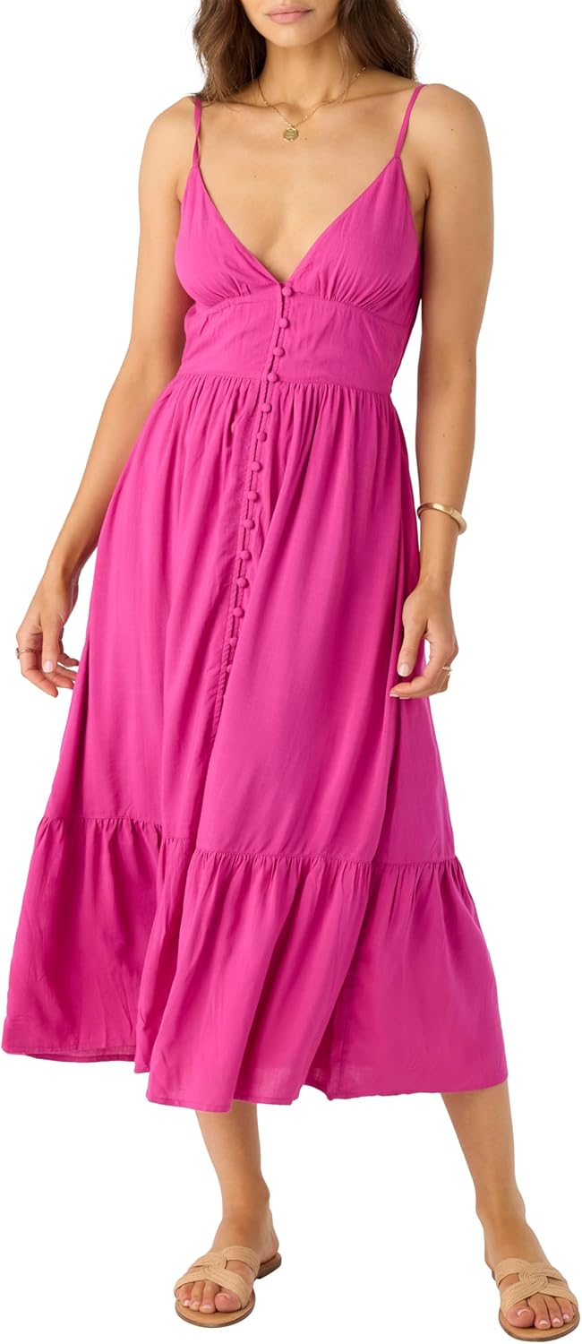 O’Neill Women’s Woven Midi Dress – V-Neck, Button-Front Design with Adjustable Straps and Tiered Skirt