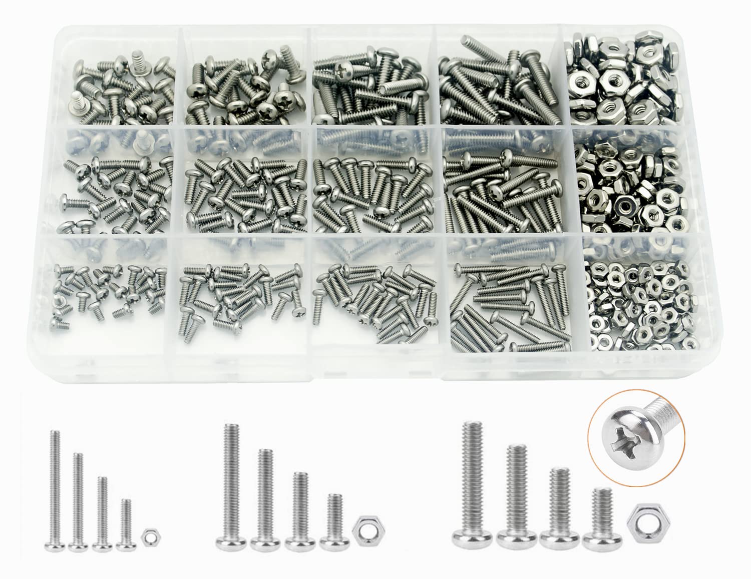 480Pcs #2-56#4-40#6-32 UNC Stainless Steel Phillips Pan Head Machine Screws Nuts Assortment Kit