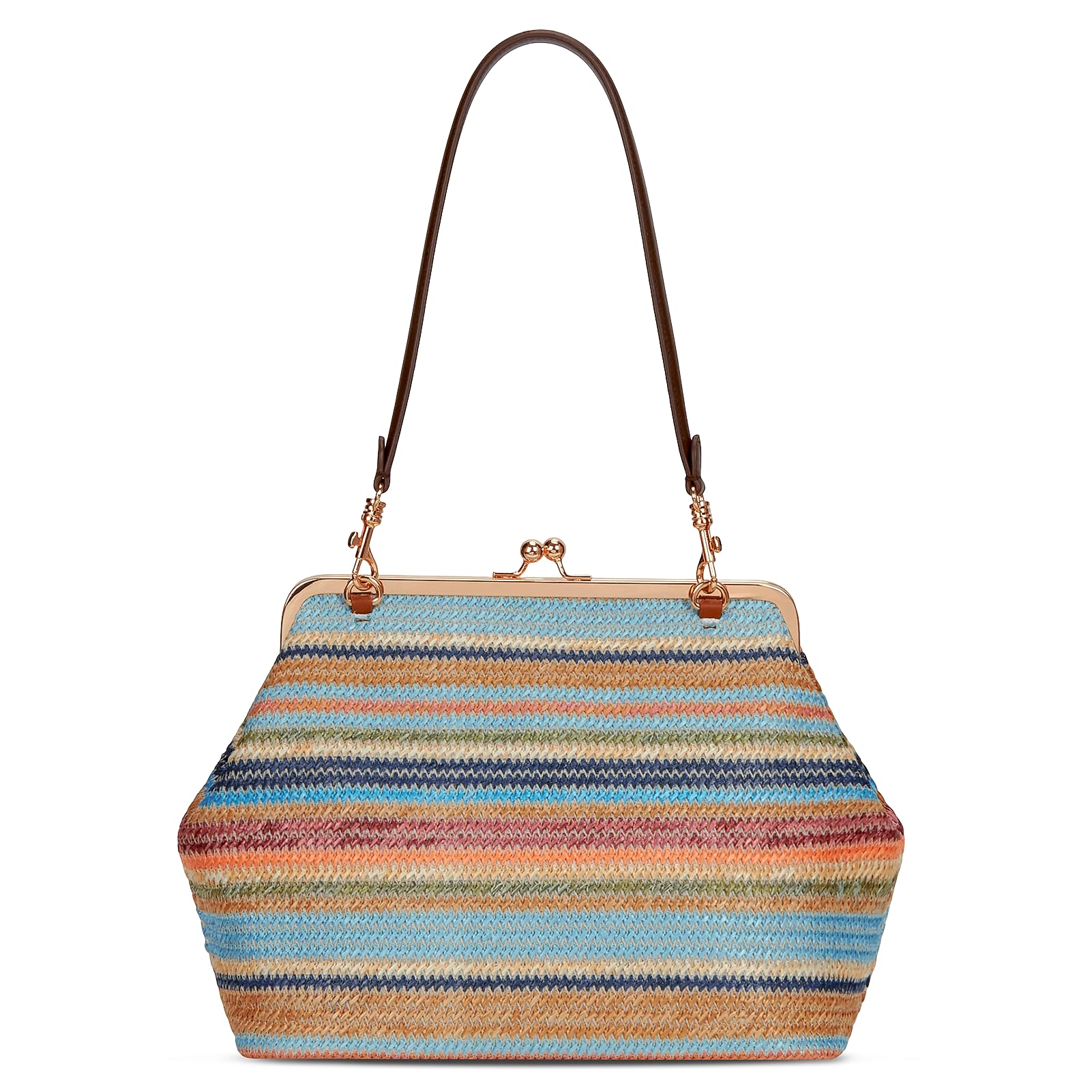 CATSEA Large Women's Kiss Lock Bag PU Medium Top Handle Handbags Kiss Clasp Shoulder Bags Tote Purse Messenger Clutch (Straw - Colorful)