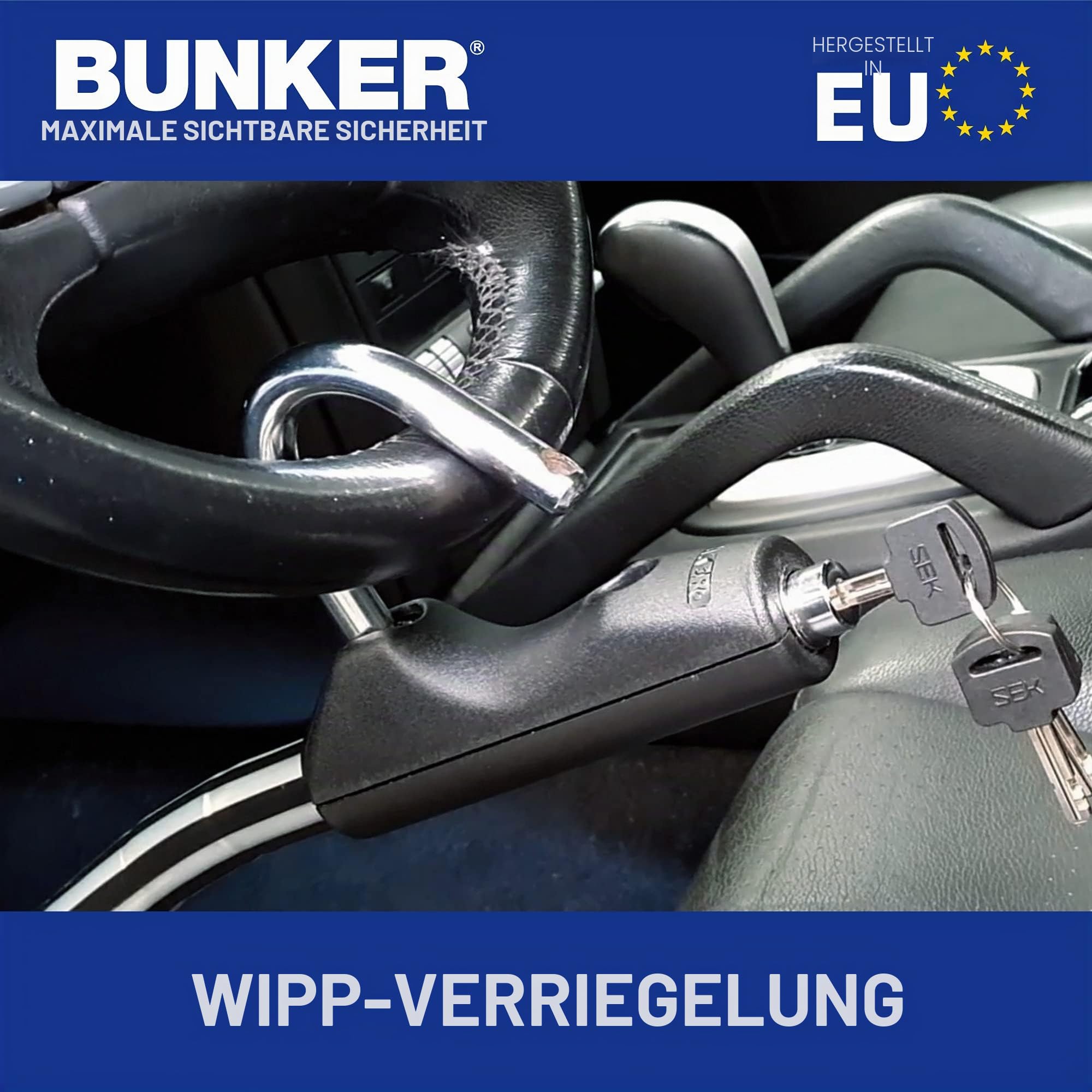 Bunker BA80N Hochwertige Lenkradkralle am Sitz verankert, Hochsicherer Anti-Bohr-Schloss, Stark Flexibel, Lenkradschloss Auto Lenkradsperre Wohnmobil Diebstahlsicherung Diebstahlschutz Wegfahrsperre
