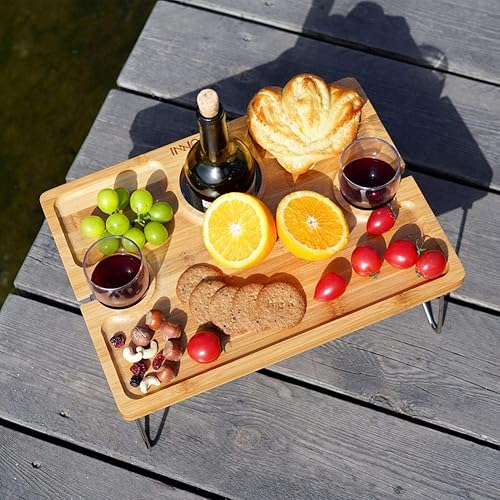 Miniatura 9 de INNO STAGE Mesa de picnic portátil con soporte para copas de vino y botellas, bandeja plegable de bambú para aperitivos al aire libre, camping,