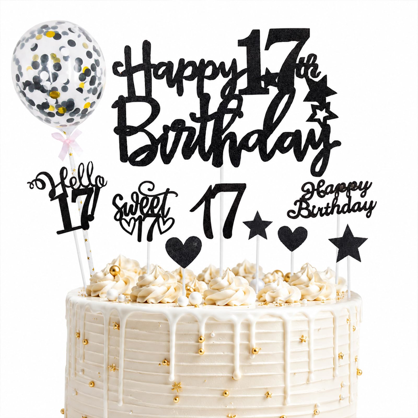 ALLAVA 10 Pcs Happy 17th Birthday Cake Topper Set, Glitter Sweet 17 Cake Decorations with Stars Hearts, Black 17th Birthday Cupcake Toppers for Boys Girls Teen Party Anniversary Cake Supplies