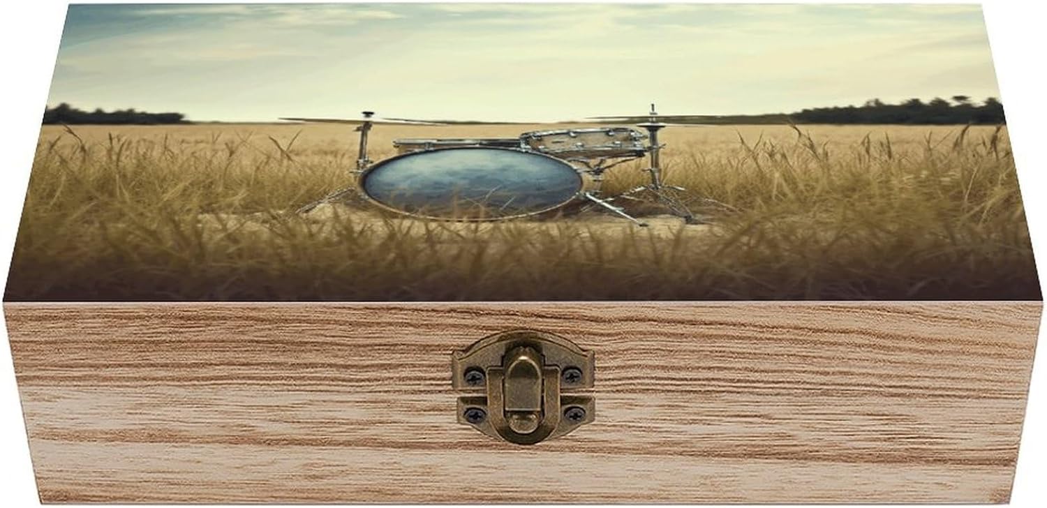 Music Drum in Field Wooden Keepsake Box Vintage Style Wooden Storage Boxes with Hinged Lid Memory Treasure Box Solid Wood Memory Boxes Jewelry & Photos for Organizer