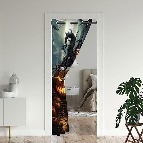 Miniatura 8 de Cortinas de puerta de Halloween para puertas, aterradoras y espeluznantes cortinas opacas de calabaza para armario de dormitorio de niños,