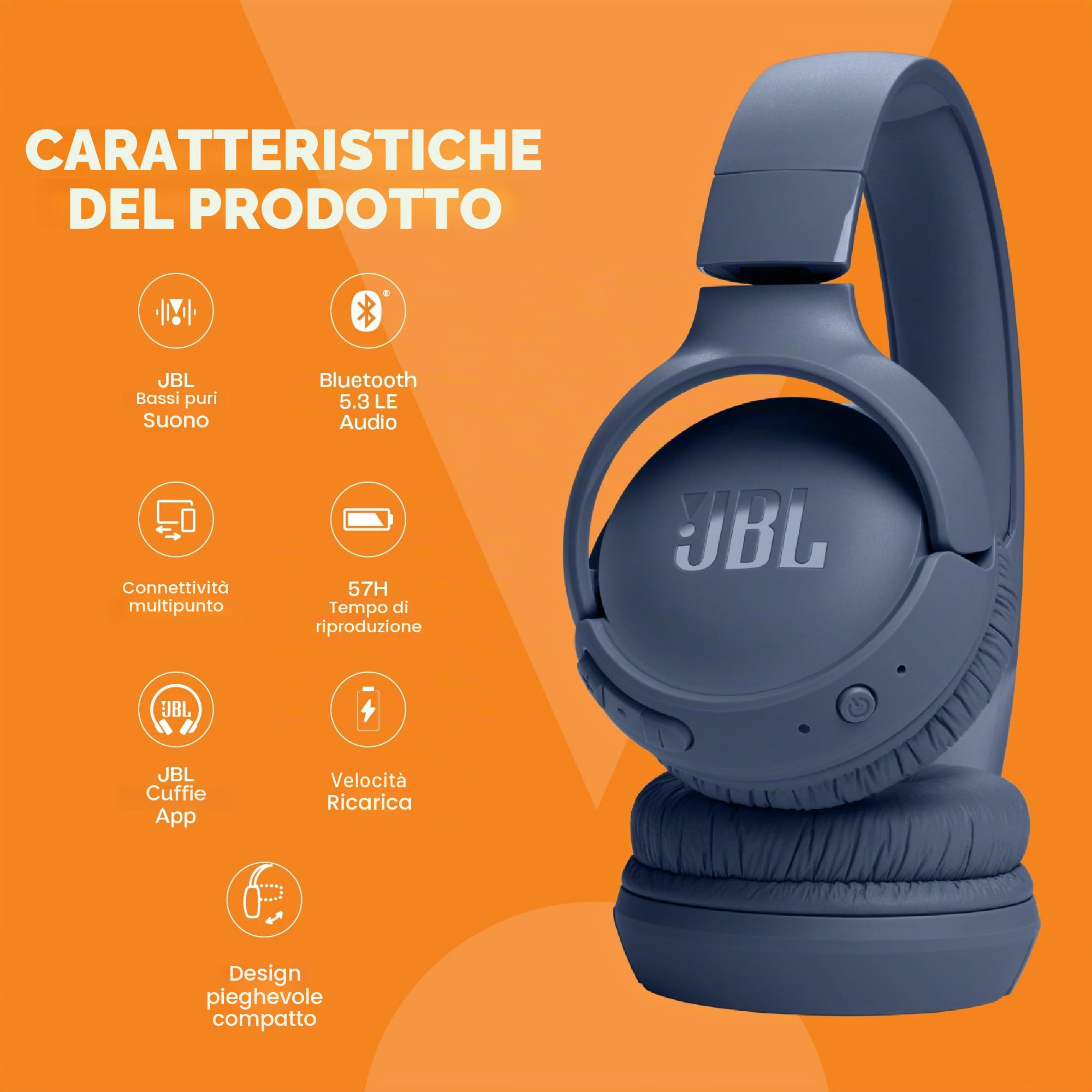 JBL Tune 520BT Bluetooth Wireless On-Ear Headphones Blue EU