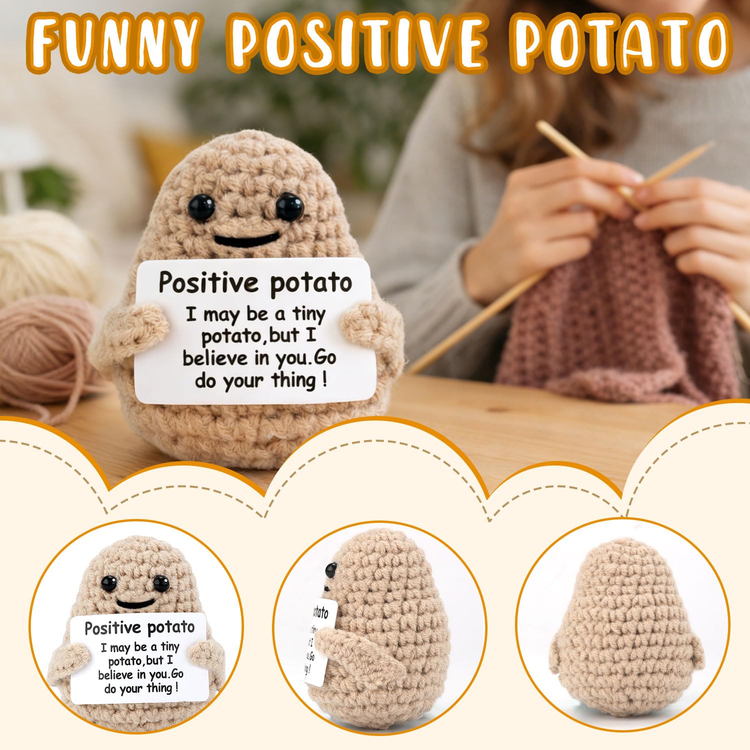 Mini Funny Knitted Wool Potato Toy with Positive Card - Creative Cute Crochet Doll Cheer Up Gift for Friends Parties Women Men Mothers Day Graduation Decoration and Encouragement