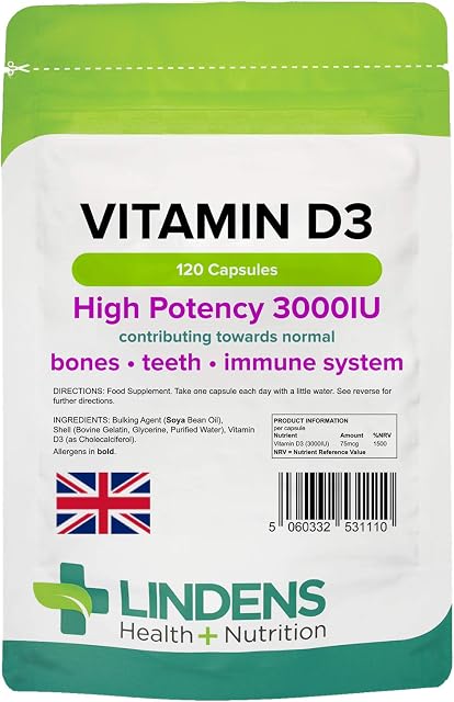 Lindens Vitamin D3 High-Potency 3000IU Capsules - 120 Pack - for Bones, Teeth, Immune System - 1500% NRV - UK Manufacturer, Letterbox Friendly