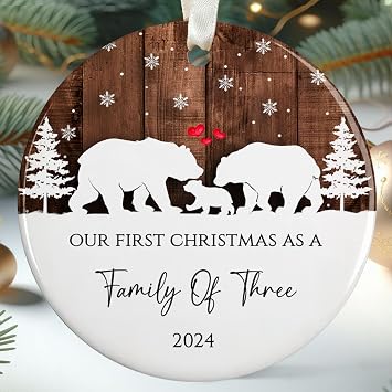 Family Christmas Ornaments 2024 - New Mom and Dad Gifts First Time 2024 - Our First Christmas as a Family of 3 Ornament - Ceramic Ornament
