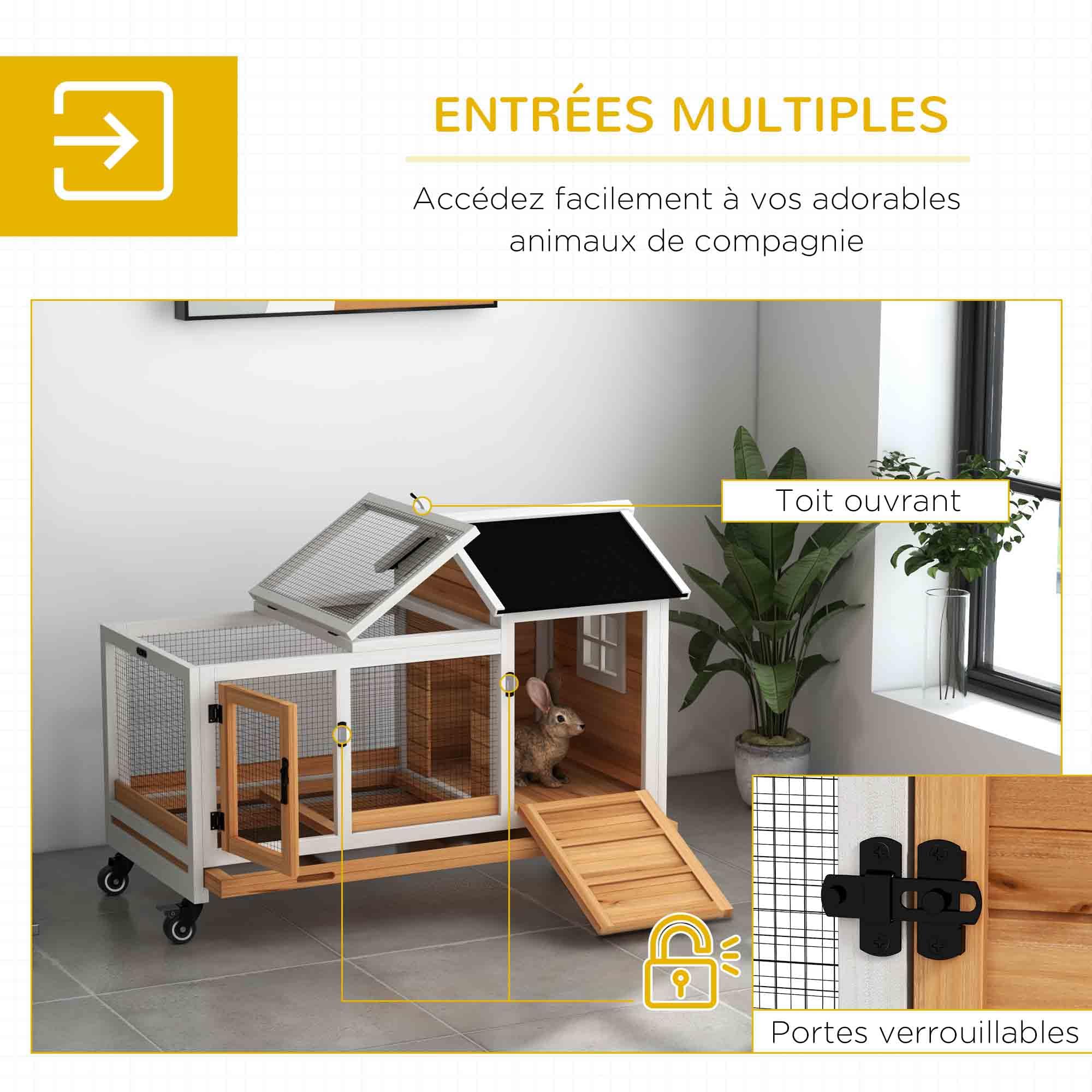 PawHut Clapier Cage à Lapins rongeurs sur roulettes 2 Portes verrouillables tiroir à déjection 108L x 58l x 73,5H cm Bois Jaune