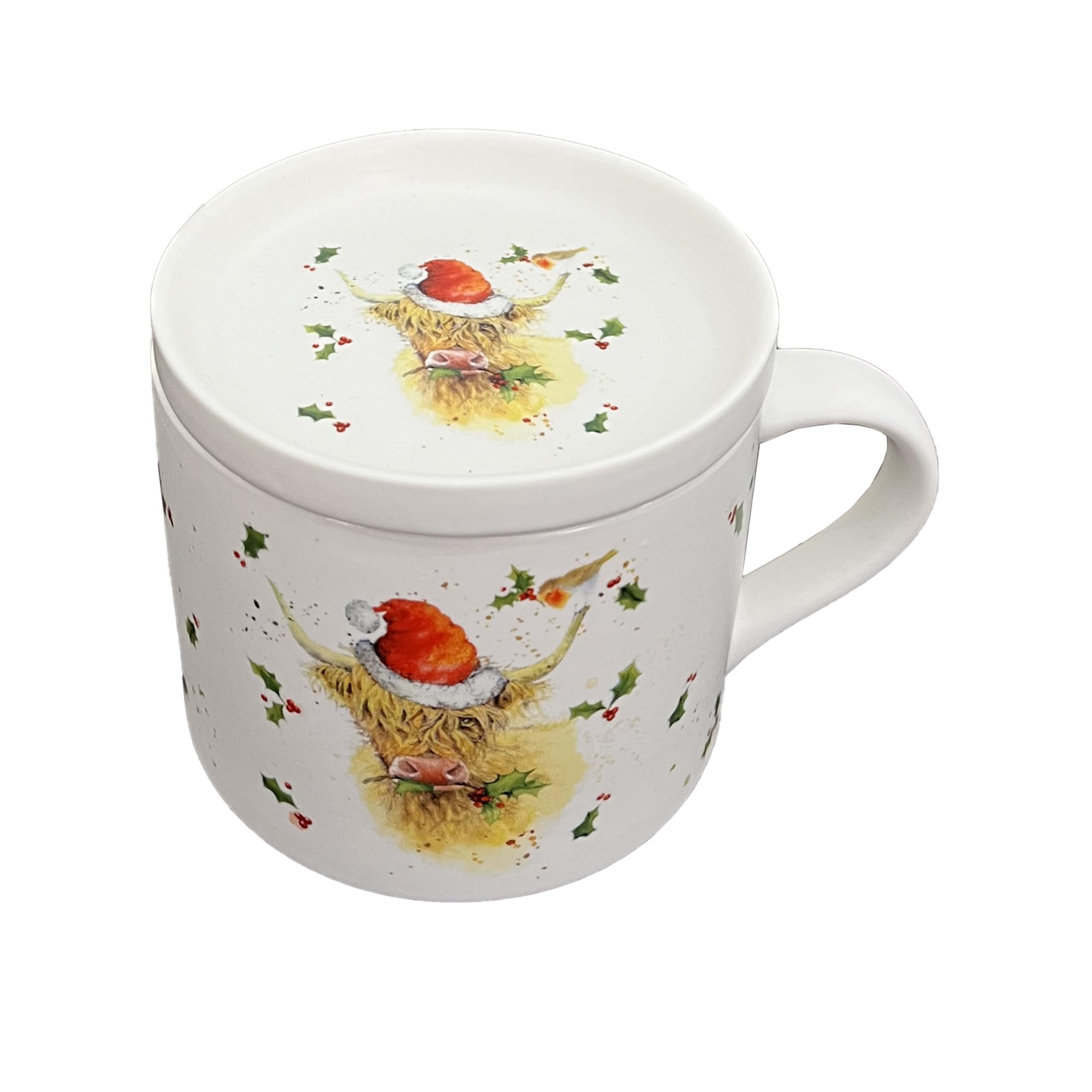 Puckator Christmas Jan Pashley Highland Coo Porcelain Mug & Coaster Lid Set - Funny Home Accessories - Cute Gifts for Girlfriend Mugs for Men Women Hot Drinks Cups Presents Secret Santa Gift Cup Set