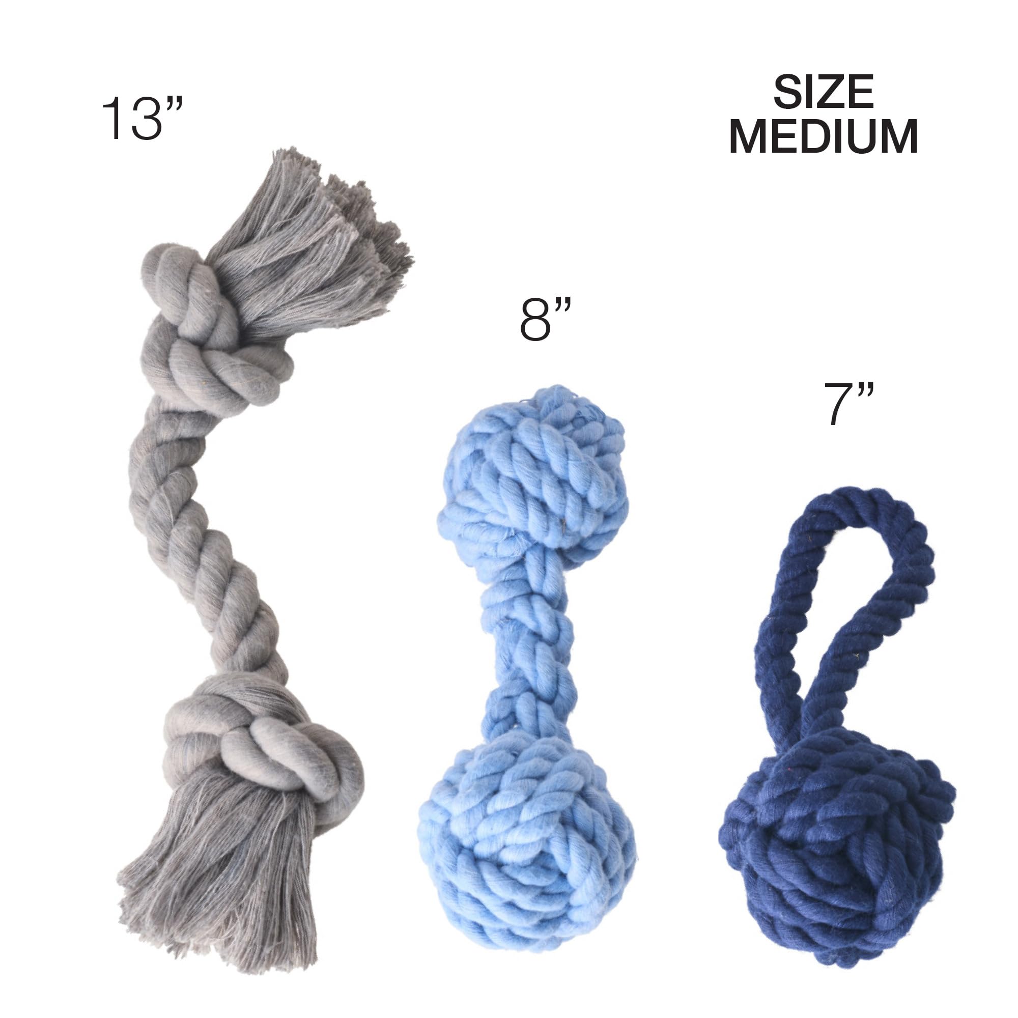 Pet Passion Paquete de 3 juguetes de cuerda de algodón orgánico para todas las razas de mascotas, color azul degradado, talla única