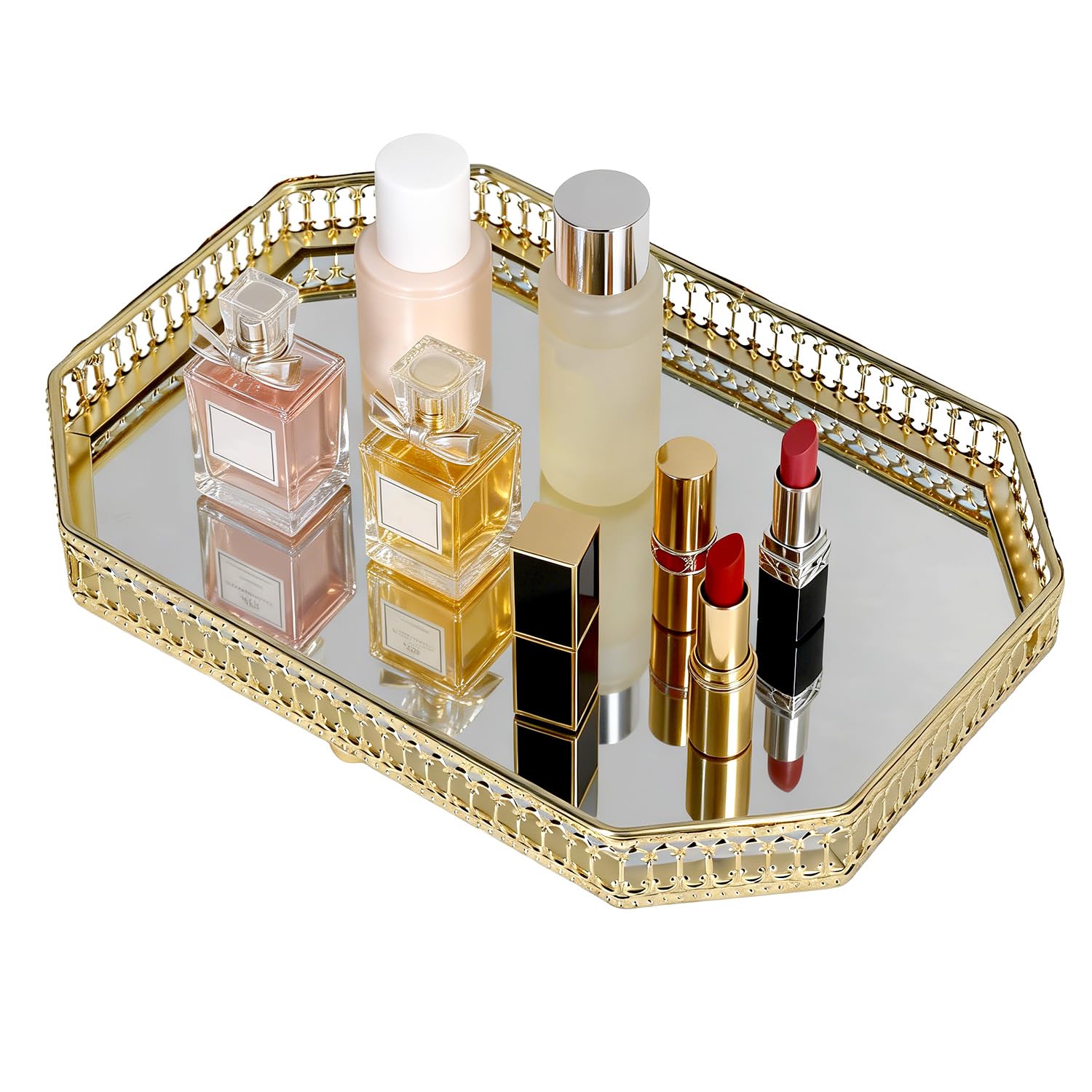 Bandeja Decorativa con Espejo de Dorado, Geométrica Plato Decorativo para Servir Organizador de Perfume de Maquillaje para Tocador, Encimera de Baño