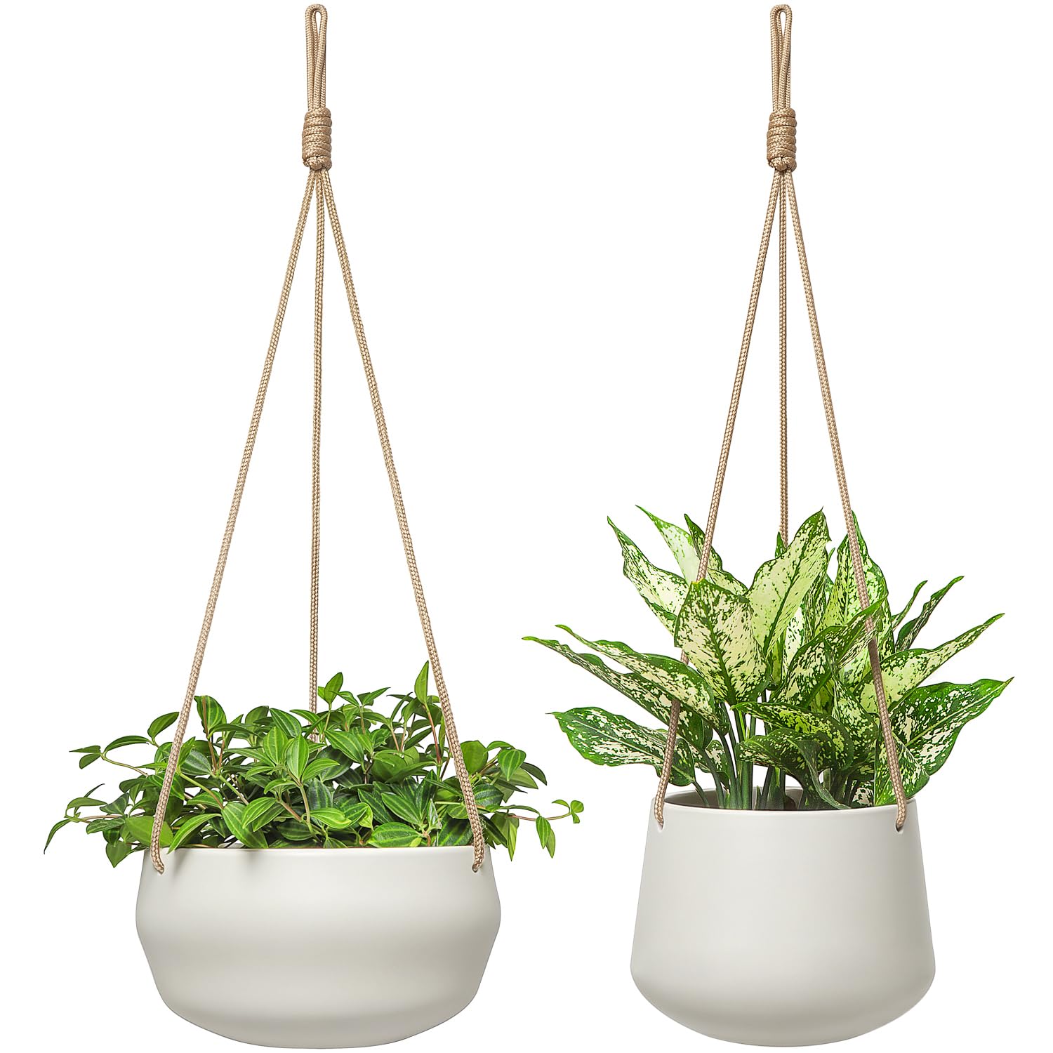 Mkono Ceramic Hanging Planter of Shallow 8 Inch and Deep 6 Inch for Indoor Outdoor Plants, Set of 2 Modern Plant Pot Geometric Porcelain Hanging Basket with Polyester Rope Hanger