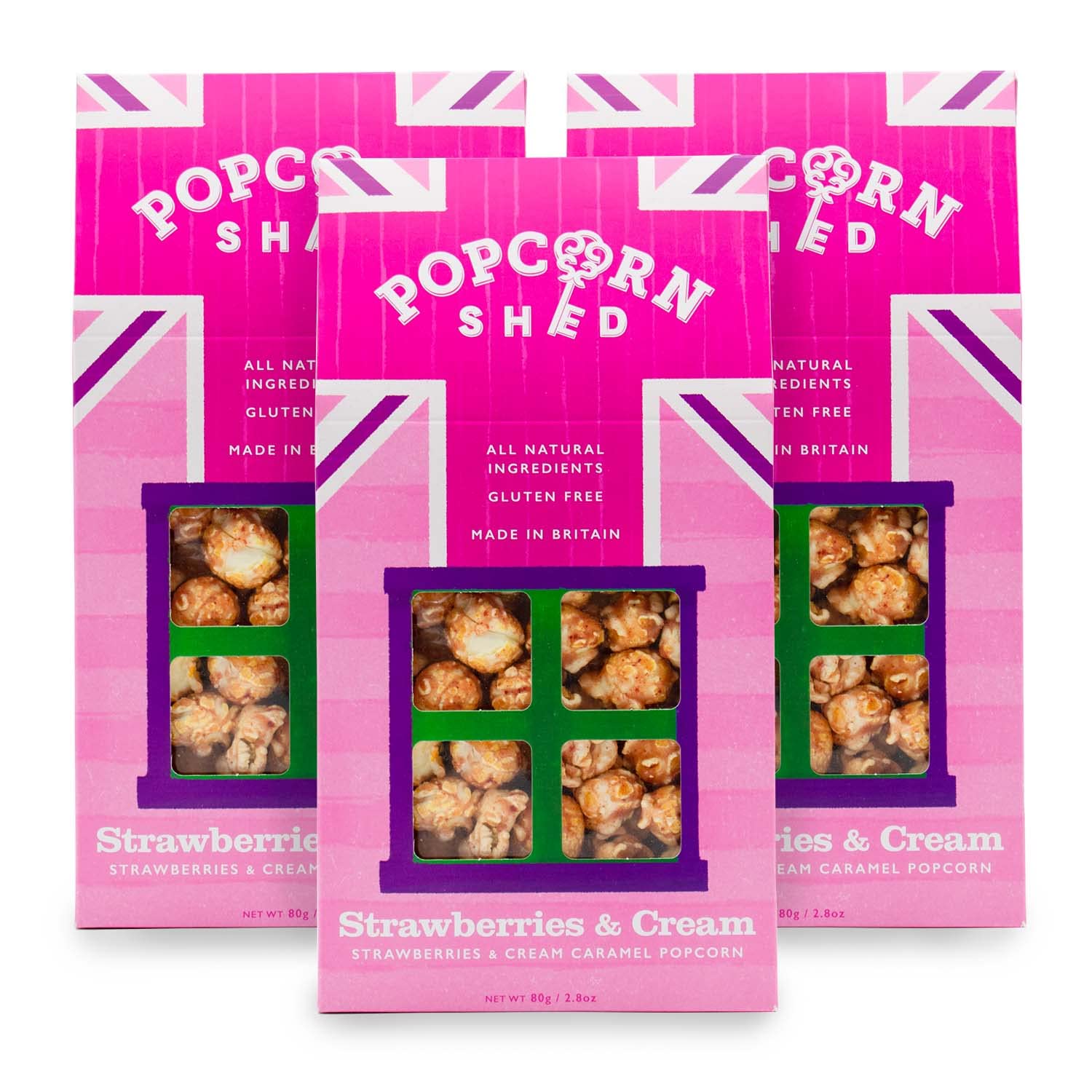 Strawberries & Cream Gourmet Popcorn (3 x 80g) - Caramel Popcorn with Strawberries and Double Cream, Easy & Low Calorie Snack, Perfect for Parties, Movie Nights & Gifting