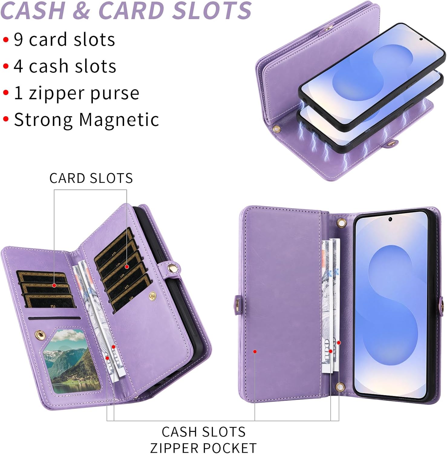 Asuwish Phone Case for Samsung Galaxy S25 FE 5G Zipper Wallet Cell Cover with Screen Protector Crossbody Lanyard Strap Bling Glitter Flip Card Holder Slot S 25 EF S25FE 25S 25FE Women Men Girls Purple