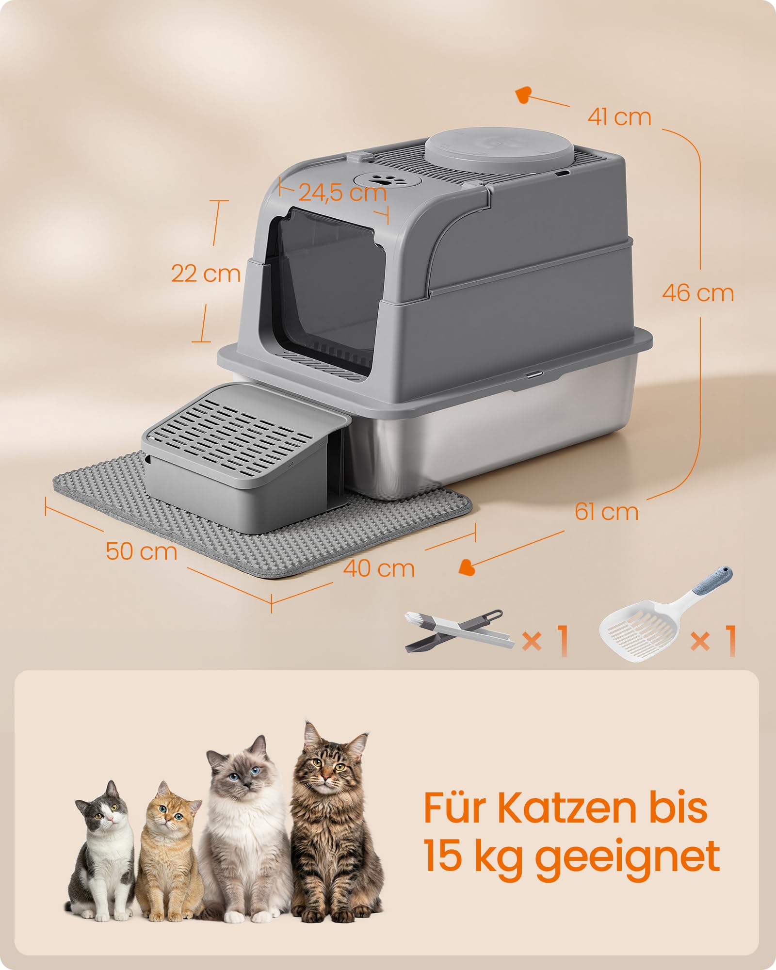 Feandrea Katzenklo Edelstahl, Katzentoilette mit Deckel, geschlossen, 2 Eingänge, inklusive Schaufel und Bürste, für Katzen bis 15 kg, taubengrau PPT021G201