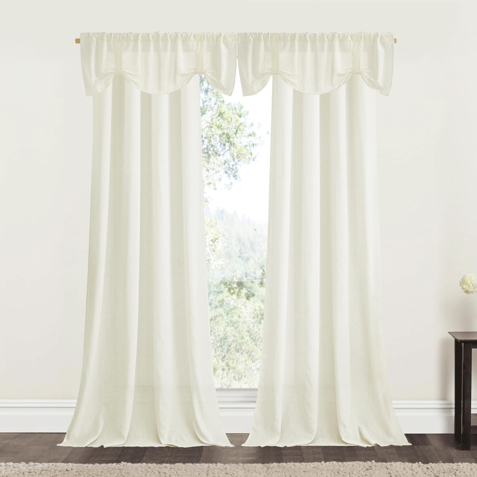 NICETOWN 2 Panels Grommet 55" x 108" Linen Curtains with 2 Adjustable 52" x 18" Linen Kitchen Valances, Off White