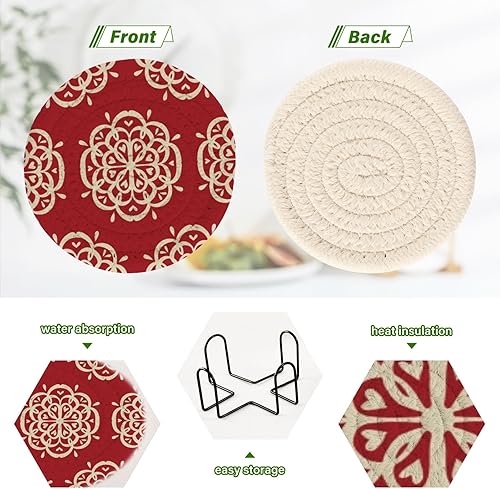 Miniatura 4 de Damask Talavera Red - Posavasos de 6 piezas, posavasos tejidos absorbentes, posavasos para escritorio con soporte, 3.94 pulgadas
