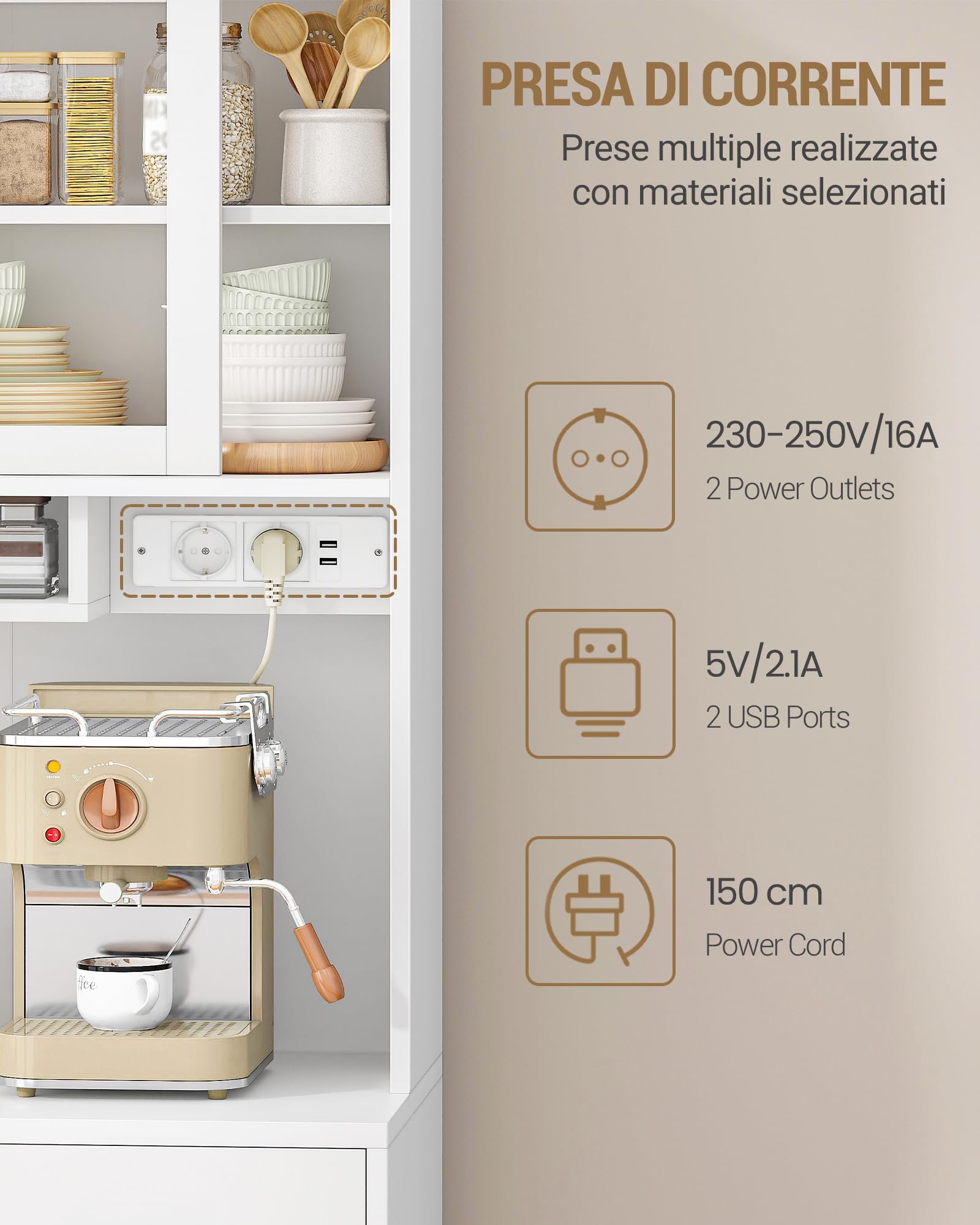 Hzuaneri Credenza Cucina, Mobile Buffet con Illuminazione a Led E Presa Multipla, Piano di Lavoro, 3 Cassetti, Ripiani Regolabili, per Cucina o Sala da Pranzo, 40 x 100 x 185 cm, Bianco 0110203XEU