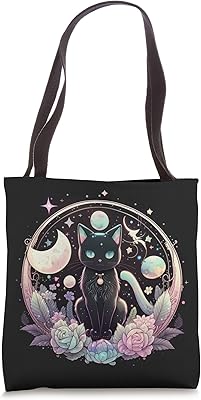 Moon Phases Crystal Witchy Cute Black Cat Kawaii Pastel Goth Tote Bag