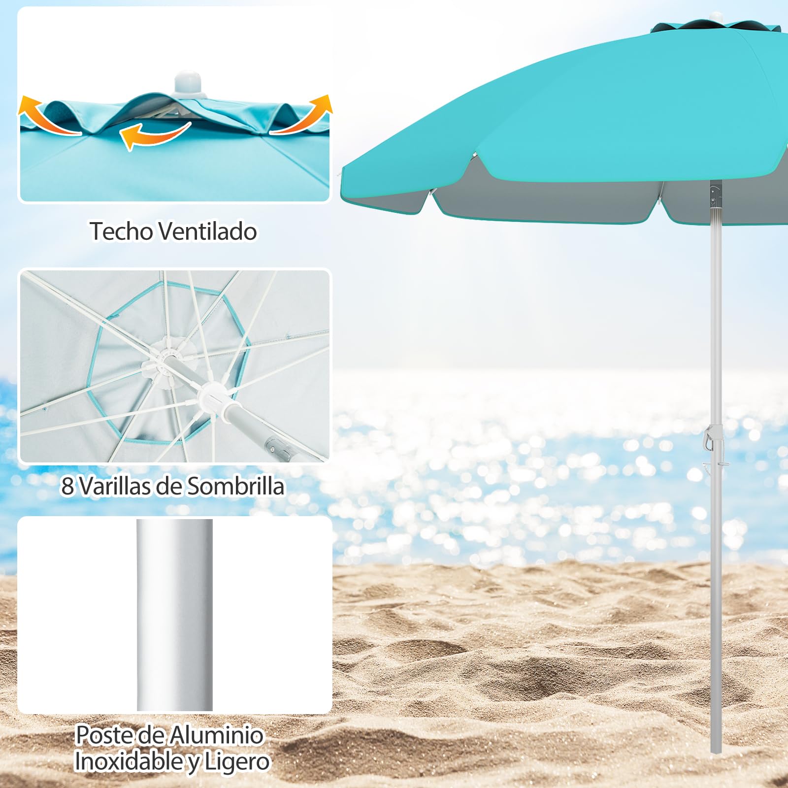 GOPLUS Parasol plażowy 180 cm / 200 cm / 220 cm, składany o 30°, parasol ogrodowy UV 50+, parasol stołowy z tuleją osadczą, parasol tarasowy, w zestawie pokrowiec ochronny, żeberka z włókna szklanego,