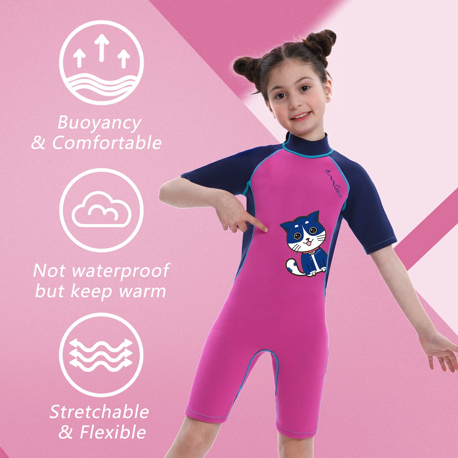 OMGear Wetsuit Kids 3mm Shorty Neoprene one Piece Short Sleeves Diving Suits Back Zipper Thermal Swimsuit for Youth Boys Girls Scuba Diving Surfing Snorkeling Swimming Water Sports(Navy Blue cat, 4)