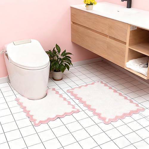 Miniatura 40 de ORTIGIA Alfombras de baño rosas con bordes ondulados, antideslizantes y lavables, tapetes de baño de microfibra suave y absorbente de secado rápido,
