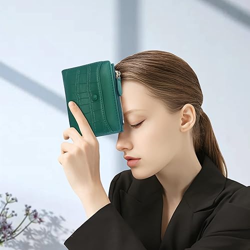 Miniatura 7 de Cartera pequeña para mujer, cartera compacta de cuero plegable para mujer con cremallera, Patrón de piedra, verde oscuro, Moda