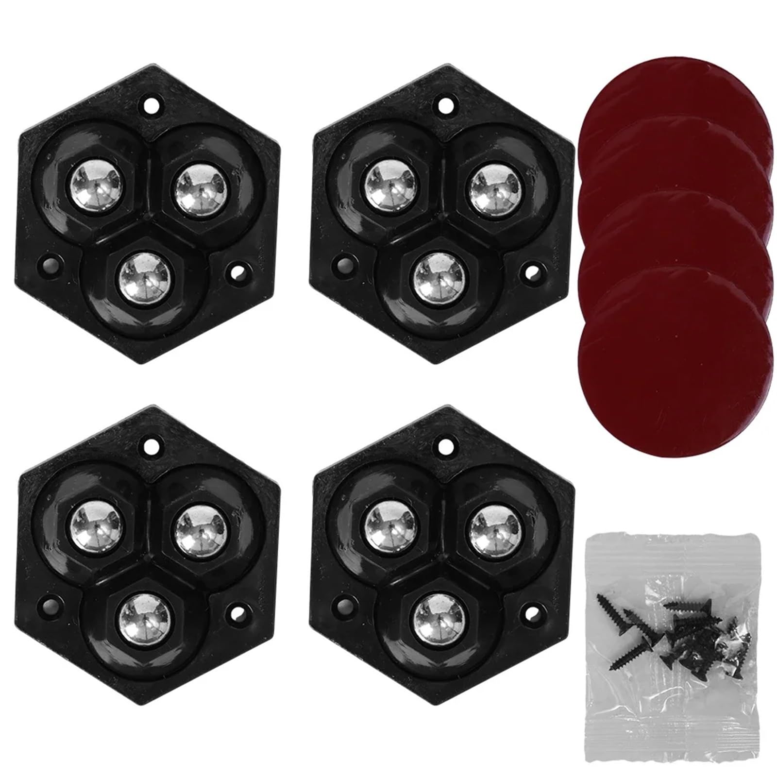 Caster Wheels, 4PCS Self-Adhesive Casters Stainless Steel Universal Pulley 360° Rotation Furniture Cabinets Caster Wheels Whirl Moving Rollers(Hexagonal-Black-4pcs)