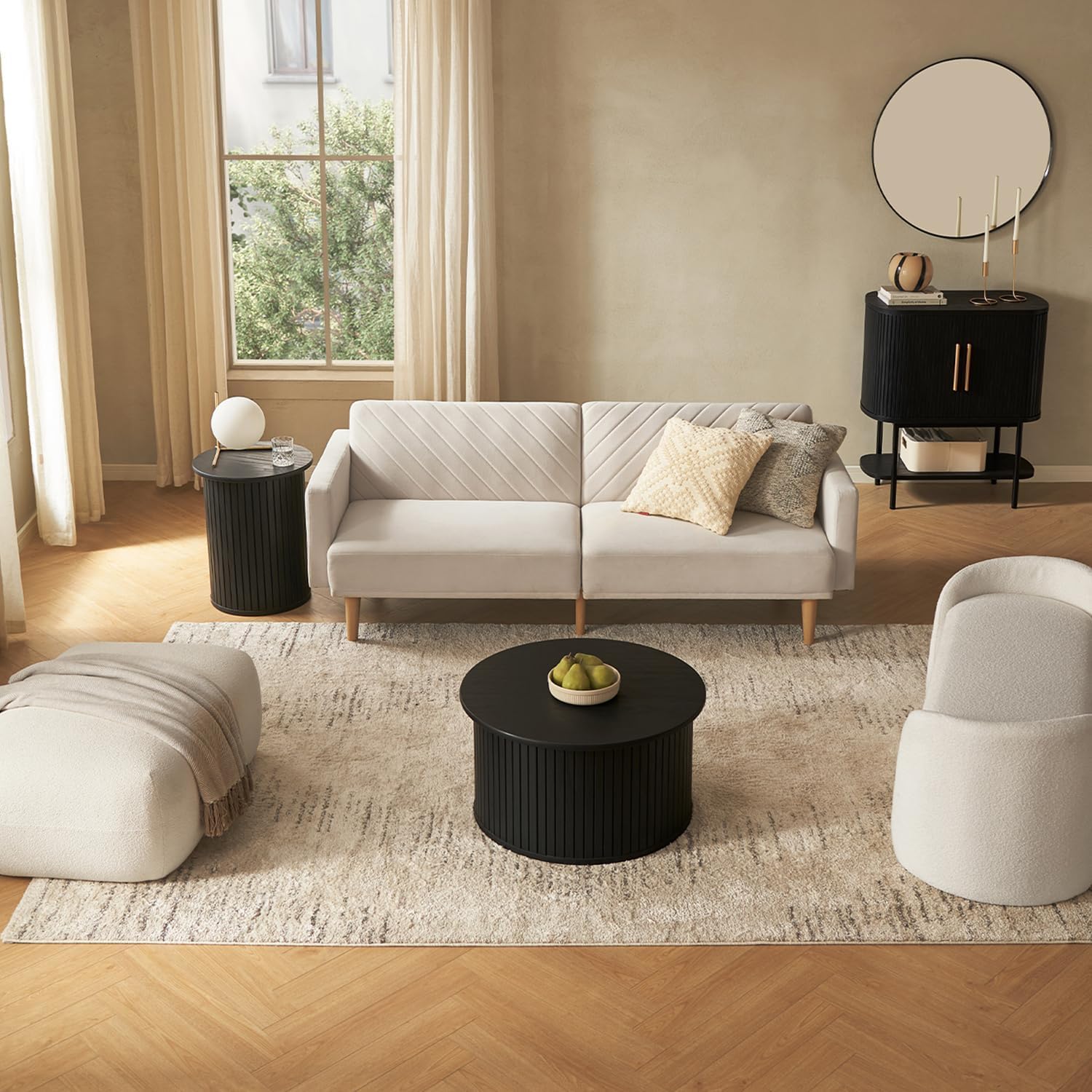 mopio Quin Round Coffee Table with Removable Cover lid and Two Pedestal Round Side Table end Table for Living Room (Black)
