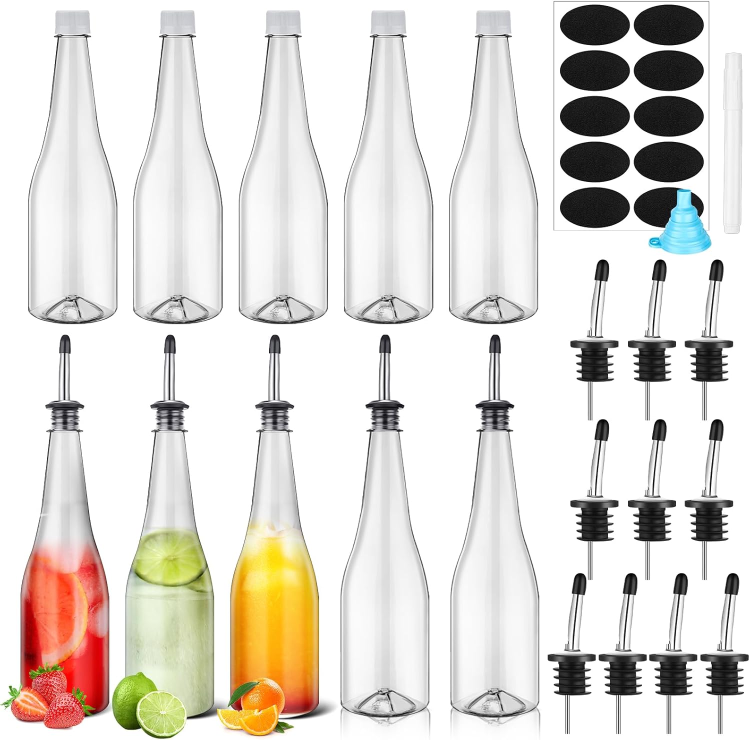 Dandat 10 Set 25 oz Plastic Long Neck Bottles with Pourer and Caps Plastic Juice Pour Bottles with Stainless Steel Bottle Pourer Tapered Spout for Liquor Juice Store