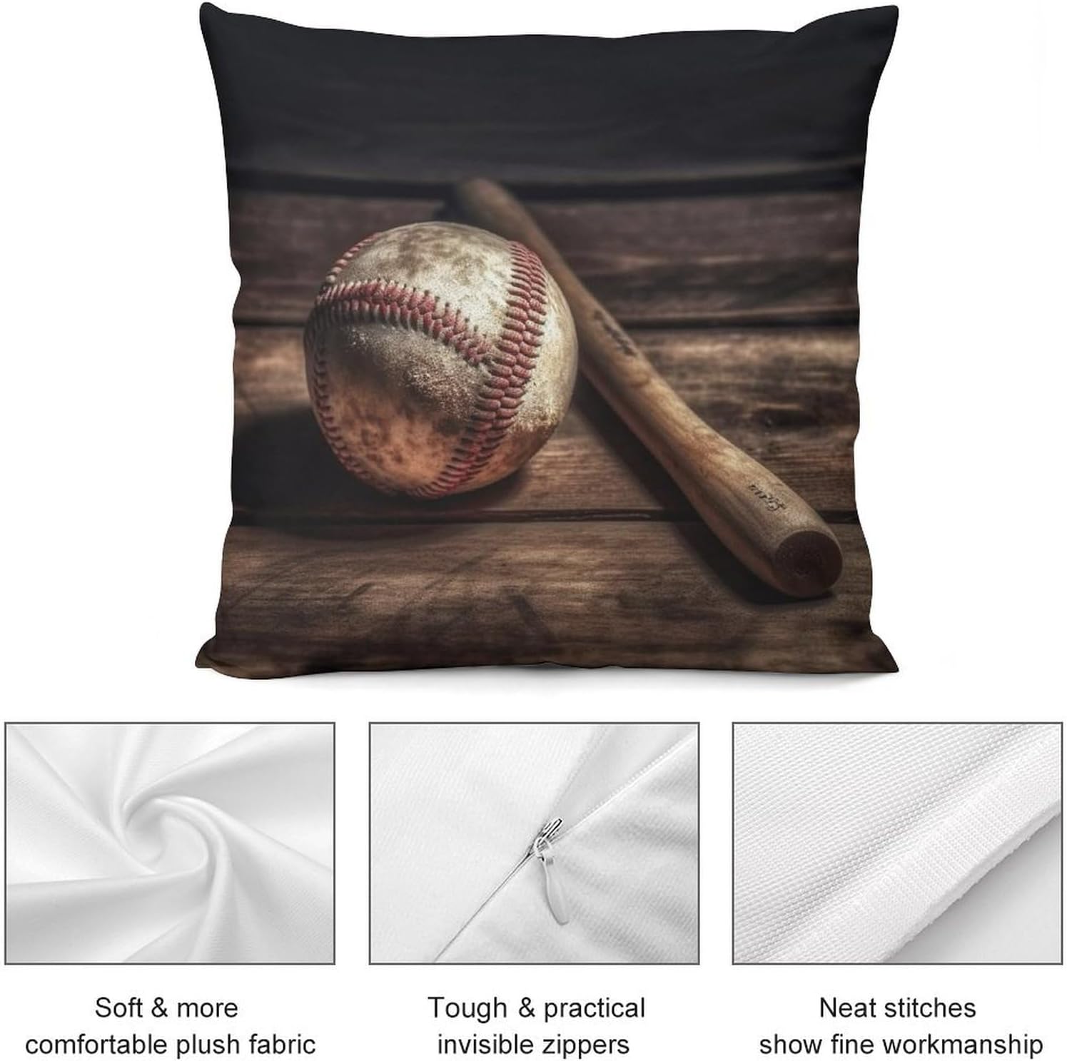 Zippered Pillow Cover, Pillow Protector, Baseball On Wooden Printed Pillow Cover of 4, Pillow Not Included