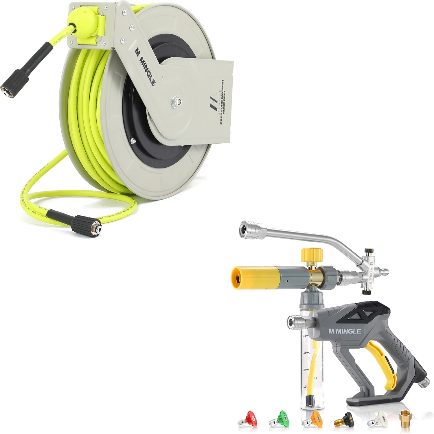 M MINGLE Retractable Pressure Washer Hose Reel, Pressure Washer Gun with Mini Foam Cannon