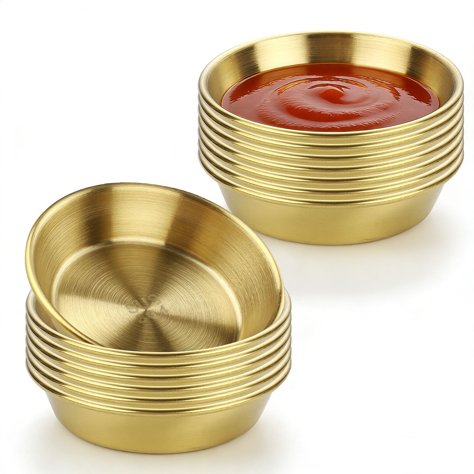 Confezione da 14 piatti per condimenti in acciaio inox, 9,9 cm, ciotole rotonde dorate per condimenti e antipasti, per mescolare zuppe, dessert, sushi, frutta, snack, forniture da cucina