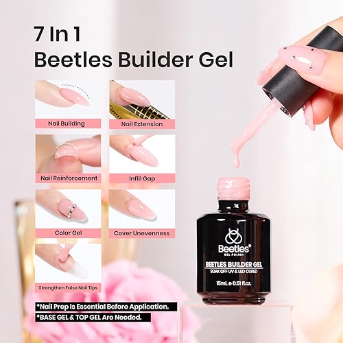 Miniatura 71 de Beetles Builder Gel de 0.5 onzas líquidas, gel fortalecedor 7 en 1 translúcido rosa nude, cepillo de extensión de uñas de gel UV en botella, no se