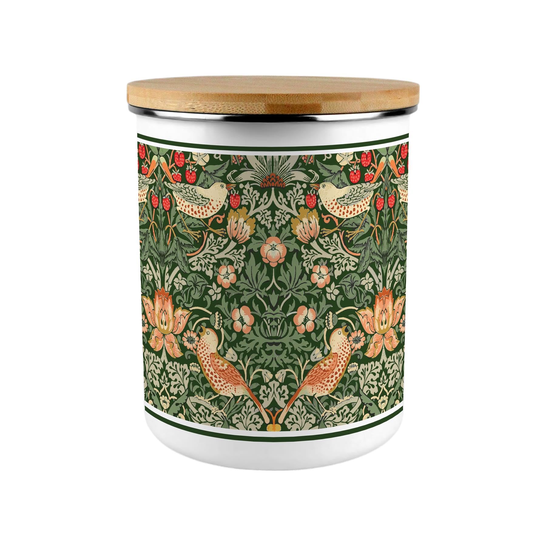 Extra Large Enamel Canister - Green Strawberry Thief Home/Food Storage Jar Gift