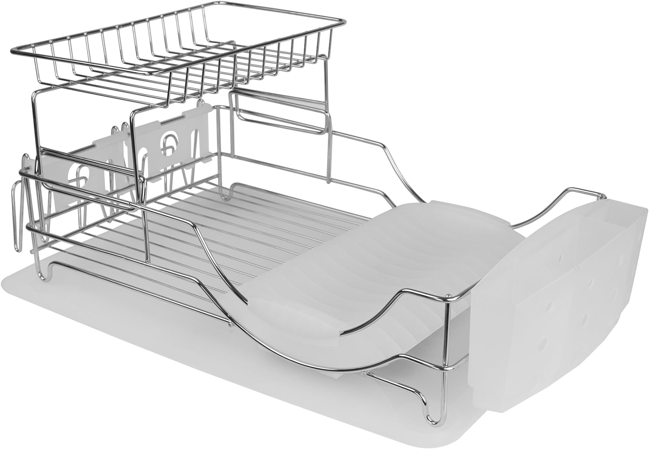 Home Basics 2-Tier Deluxe Kitchen Dish Drying Rack (Silver/White) Big Dish Drying Rack for Plates, Teacups, Bowls, Cups, and Silverware | Strainer for Kitchen Counter with Cutlery Holder