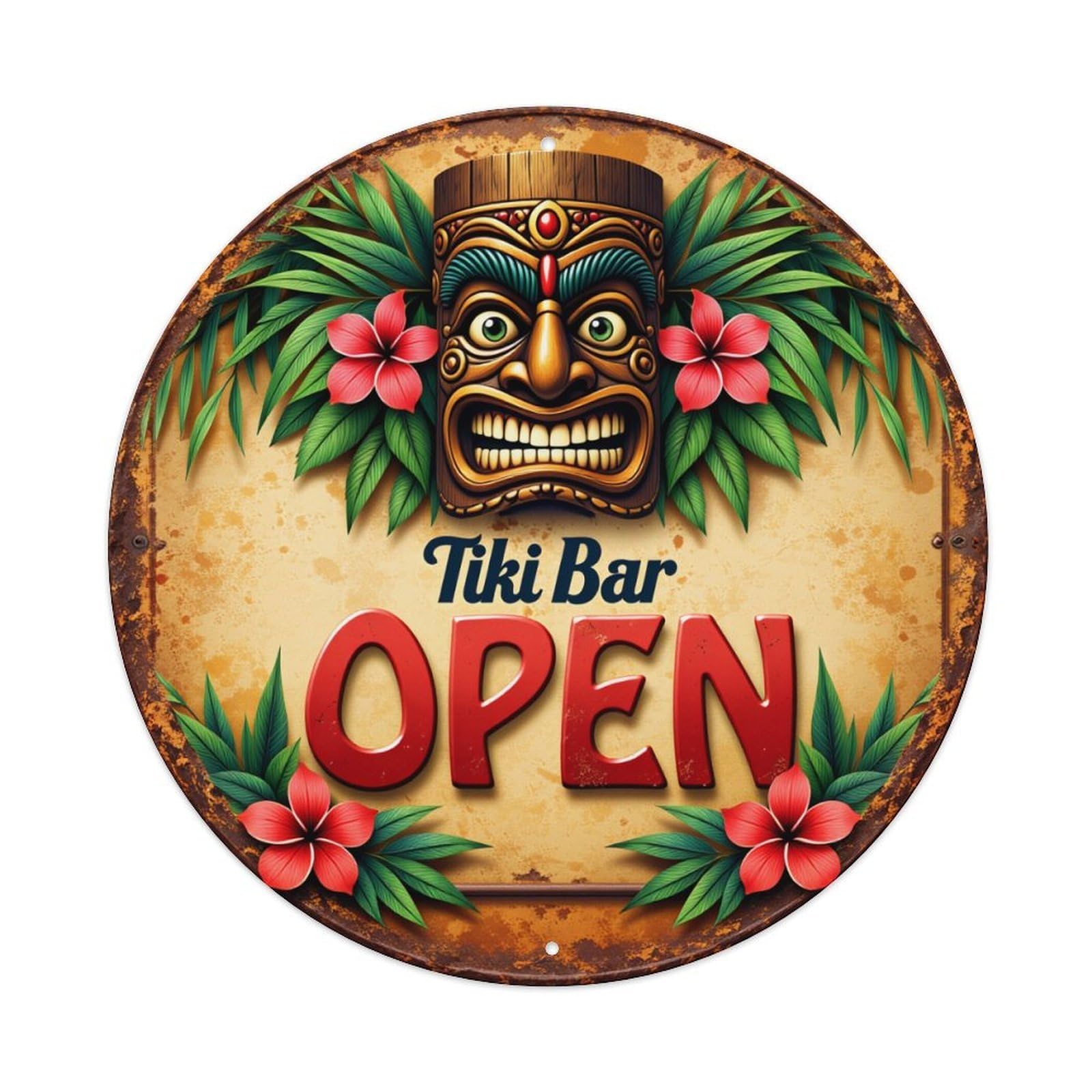 Tiki Mask Flowers Leaves Sign Round Tin Sign Retro Metal Sign for Cafe Bar Pub Home Game Room Gym Club Wall Decoration Vintage Metal Poster 8x8 Inch