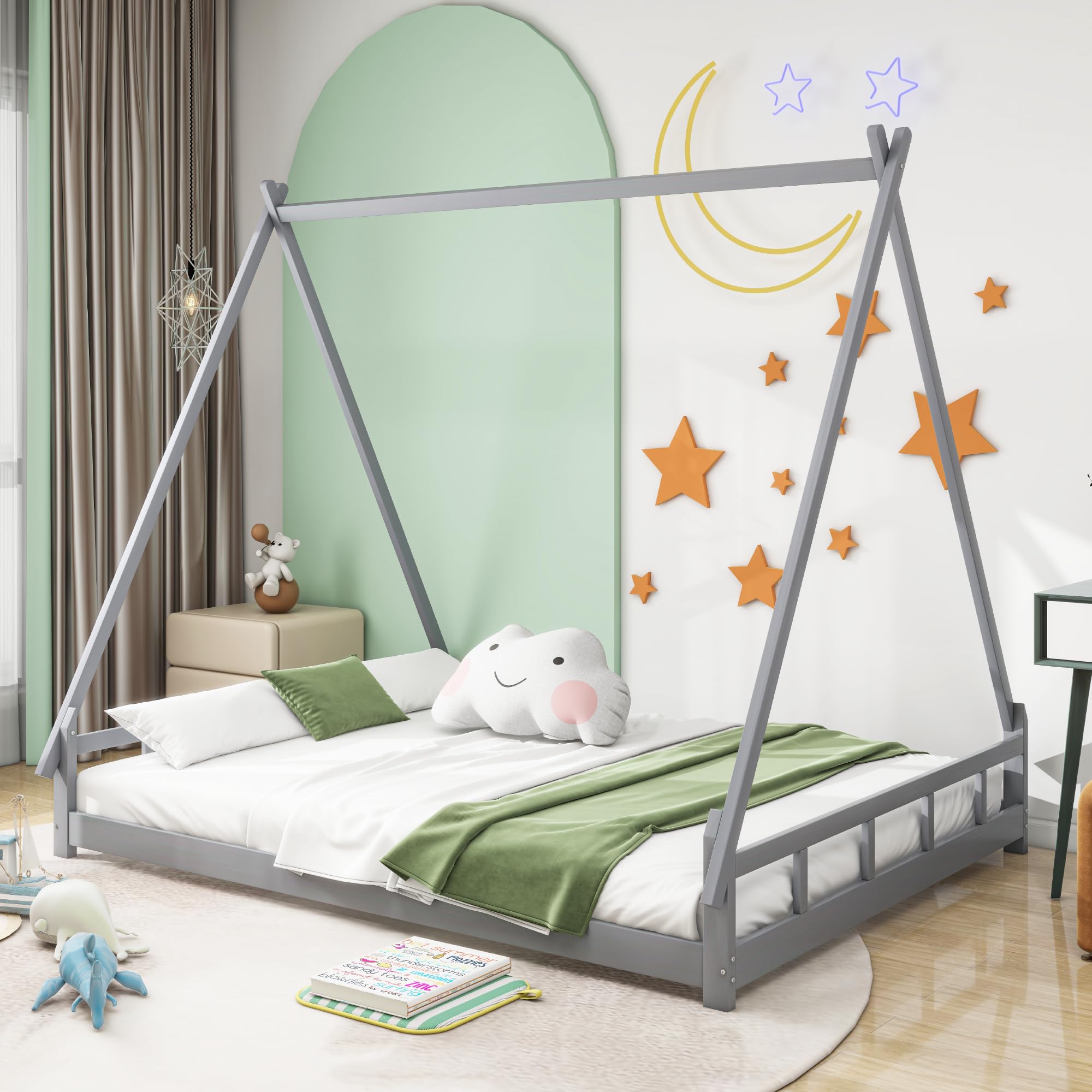 Kinderbett Tipi 140x200 cm Doppelbett Eltern-Kind-Bett mit Lattenrost, Indianer Bett aus Massivholz für Mädchen & Jungen, Hausbett Kinderhaus Jugendbett Spielbett Zelt Bett, ohne Matratze, Grau Küche, Haushalt & Wohnen
