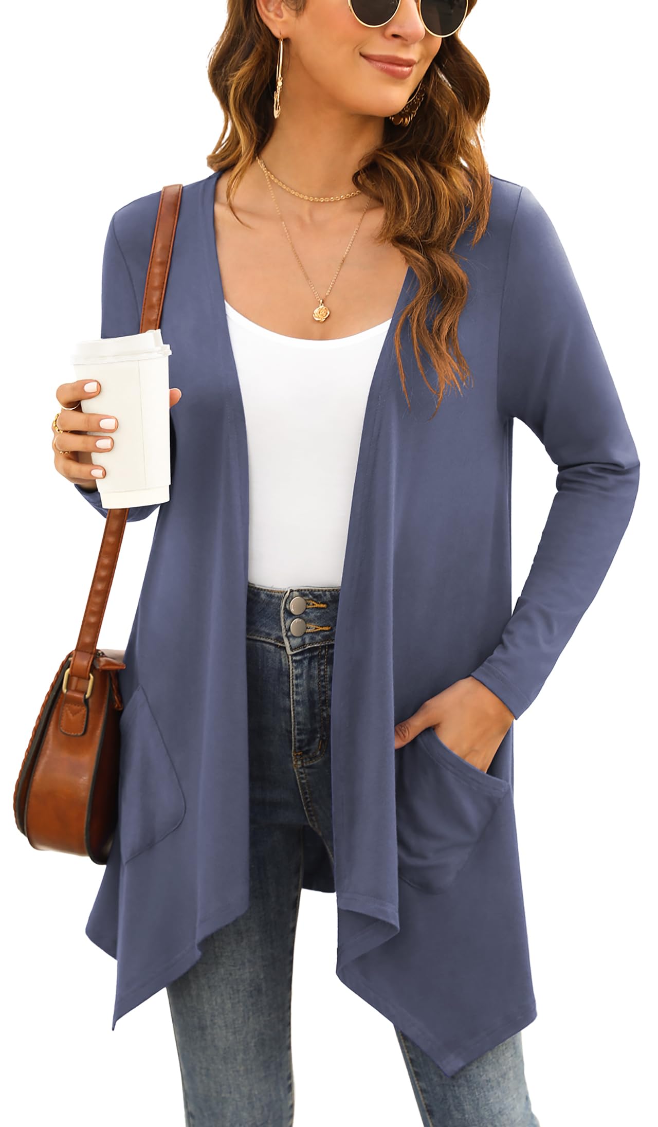 Yommay Damen Sommer Kurzarm-Lang Strickjacken für Damen Elegante lässige leichte Strickjacke mit Tasche High Low Saum