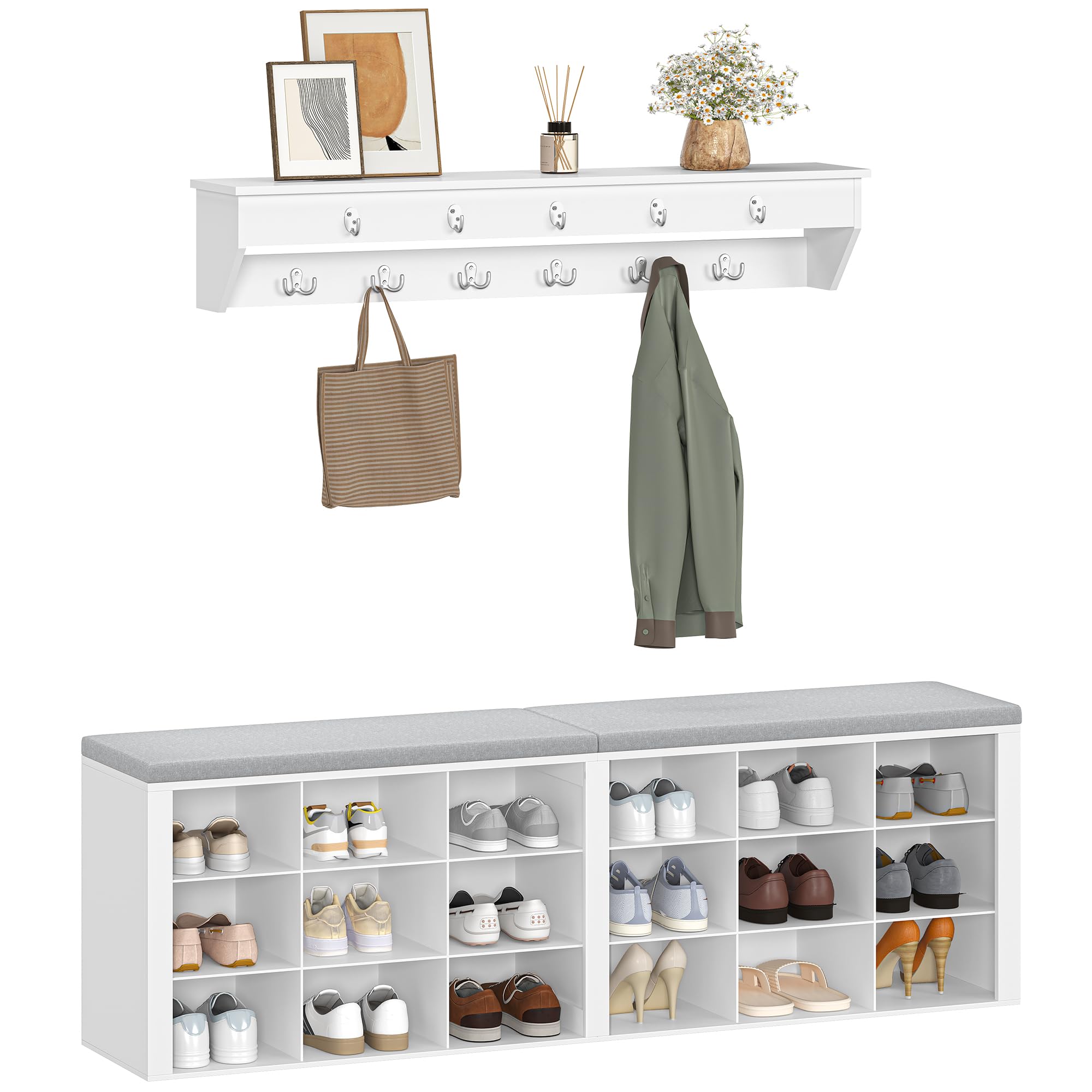 Hzuaneri Banc à Chaussures, Banc de Rangement, 18 Compartiments, Blanc-Gris