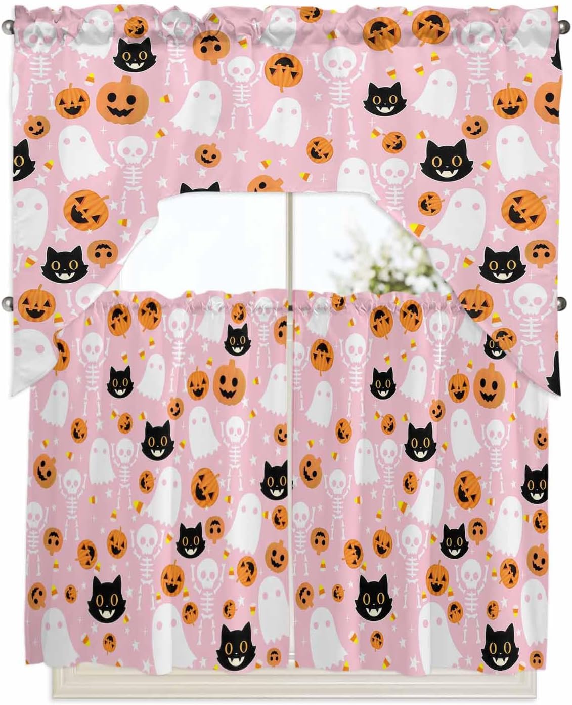 Halloween Pink Kitchen Curtains and Valance Set,Black White Ghost Orange Skull Pumpkin Short Swag Tier Curtain 36 Inch Length for Cafe Bedroom Bathroom Drapes 3 Piece Rod Pocket Window Treatment